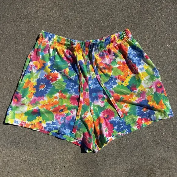 90s Pinwheels Bold Colorful Floral Pull On Elastic Waist Lounge Shorts Cotton - Picture 3 of 10
